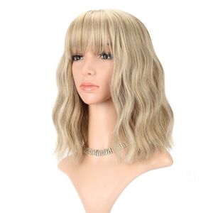 Short‎ Wavy Blonde Bob Wig with Bangs — 12” Shoulder Length